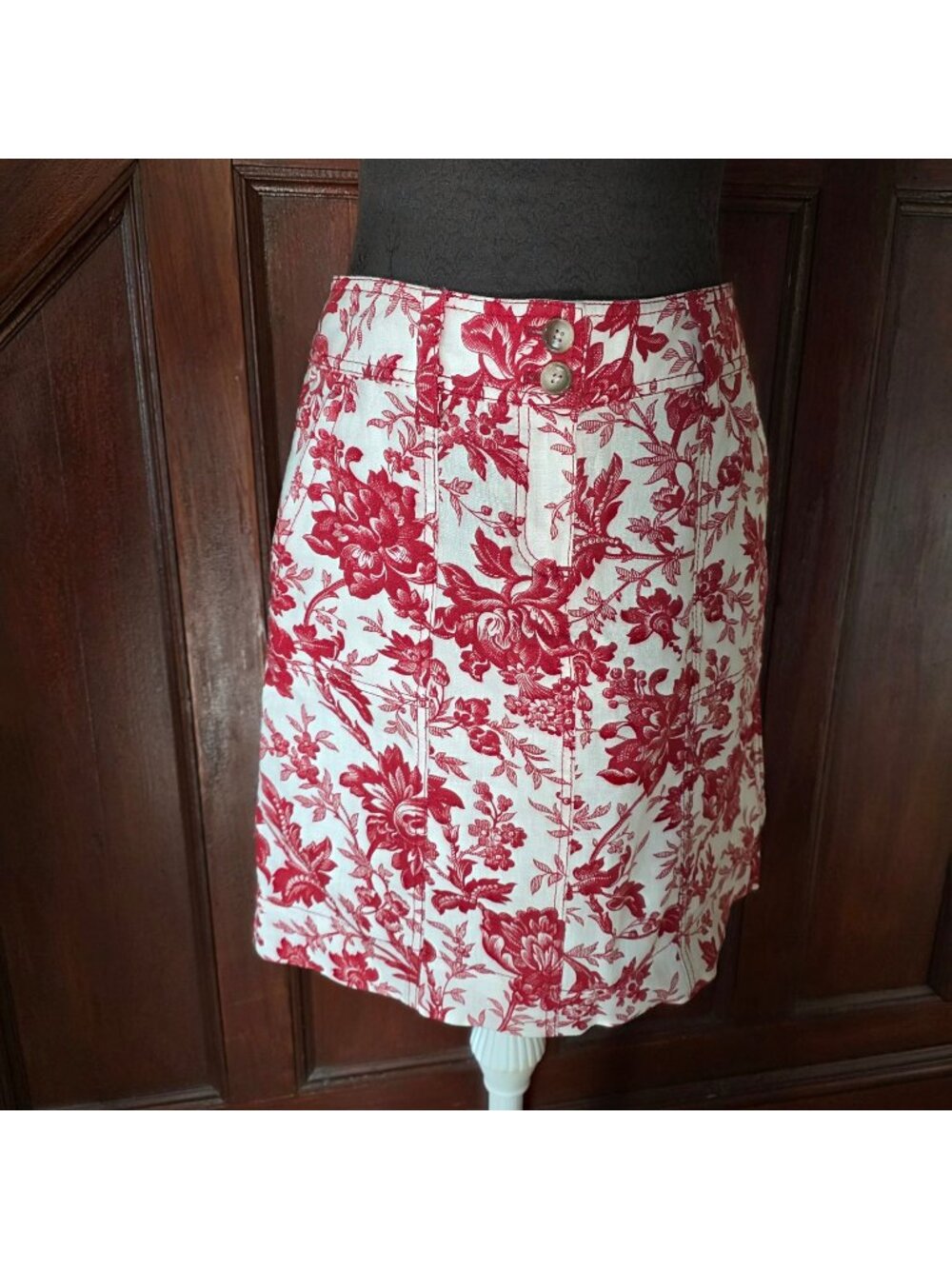 Ann Taylor Red & White Floral Print Linen Skirt Size 2